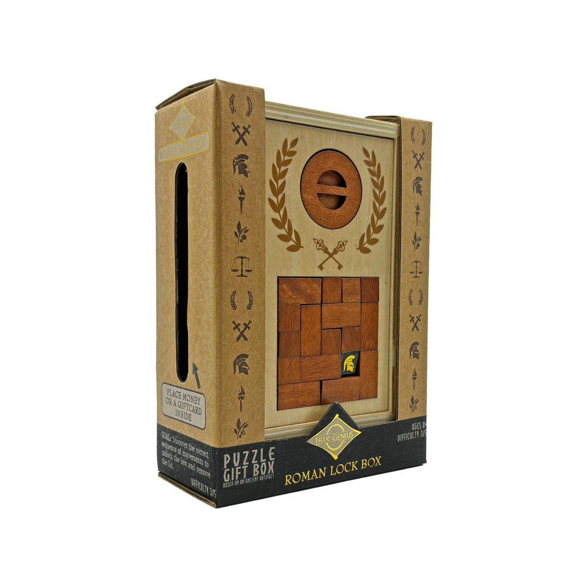Wooden puzzle gift box with Roman lock design. Master Ancient Roman engineering with this secret lock box. 