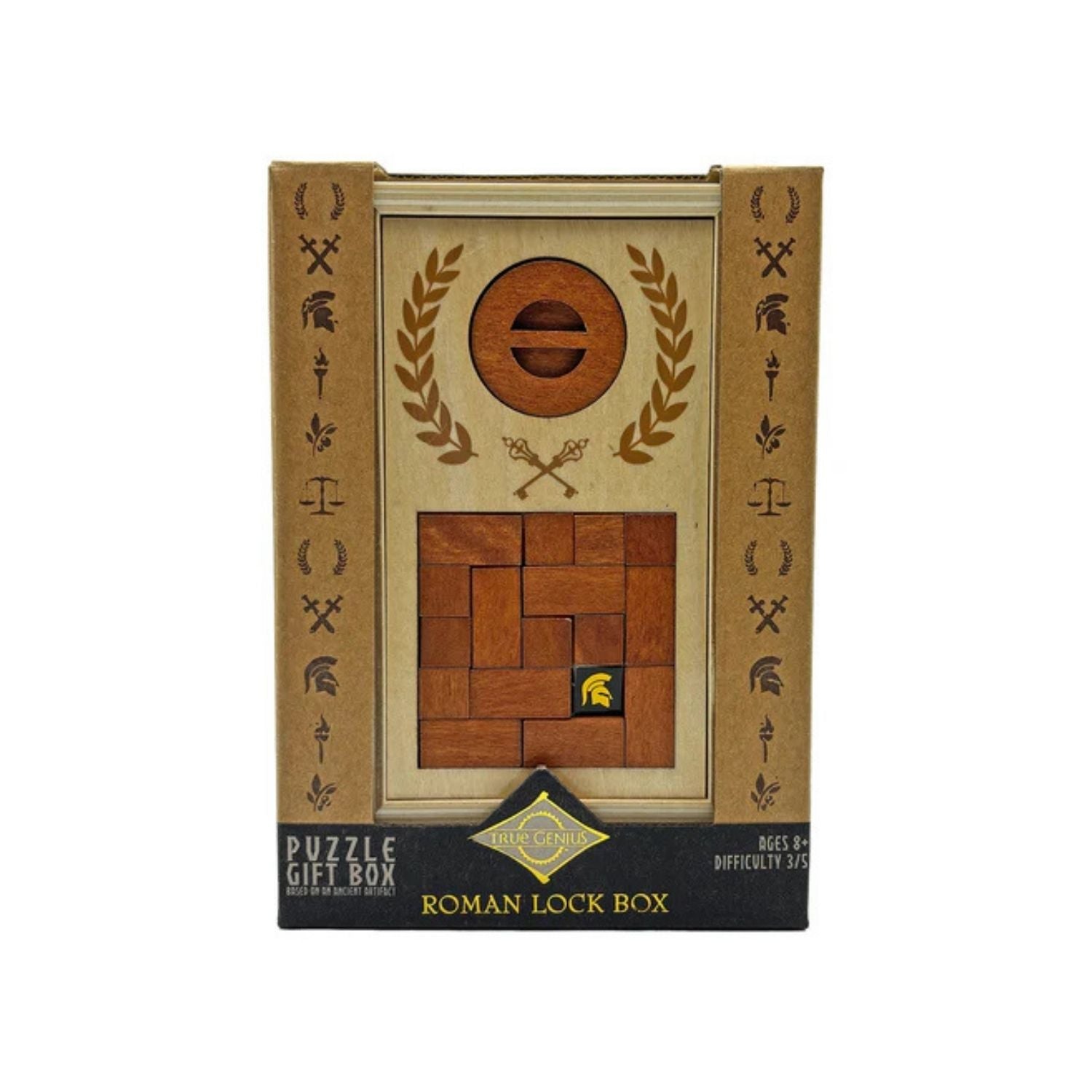 Wooden puzzle gift box labeled 'Roman Lock Box' inspired by ancient Roman security mechanisms.