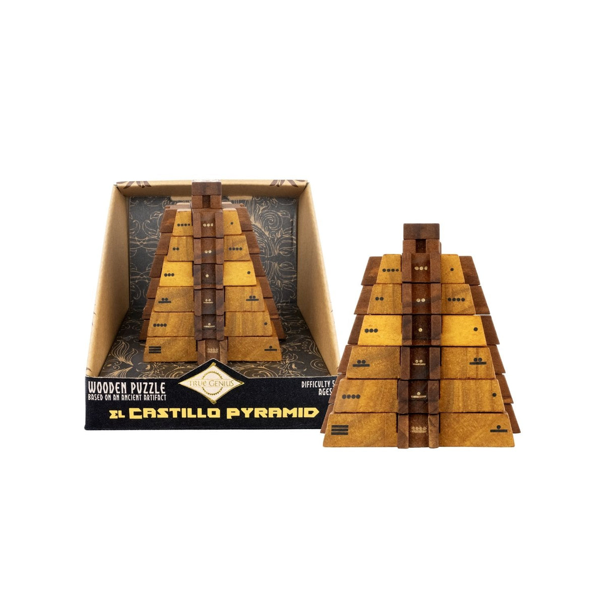 Wooden puzzle pyramid. A high-difficulty logic brain teaser showing the El Castillo Mayan pyramid blocks.