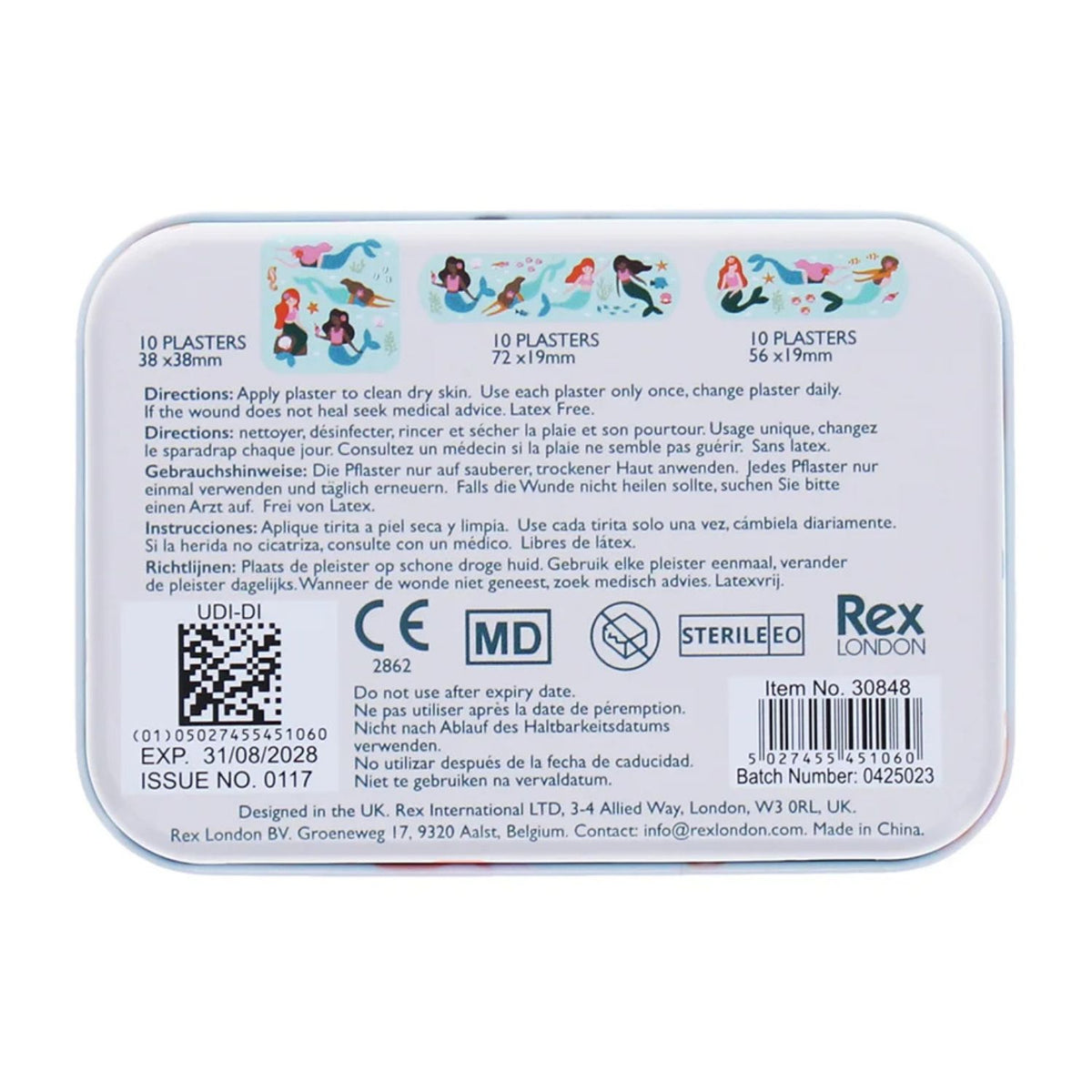 Back of the Mermaid Plasters in a tin