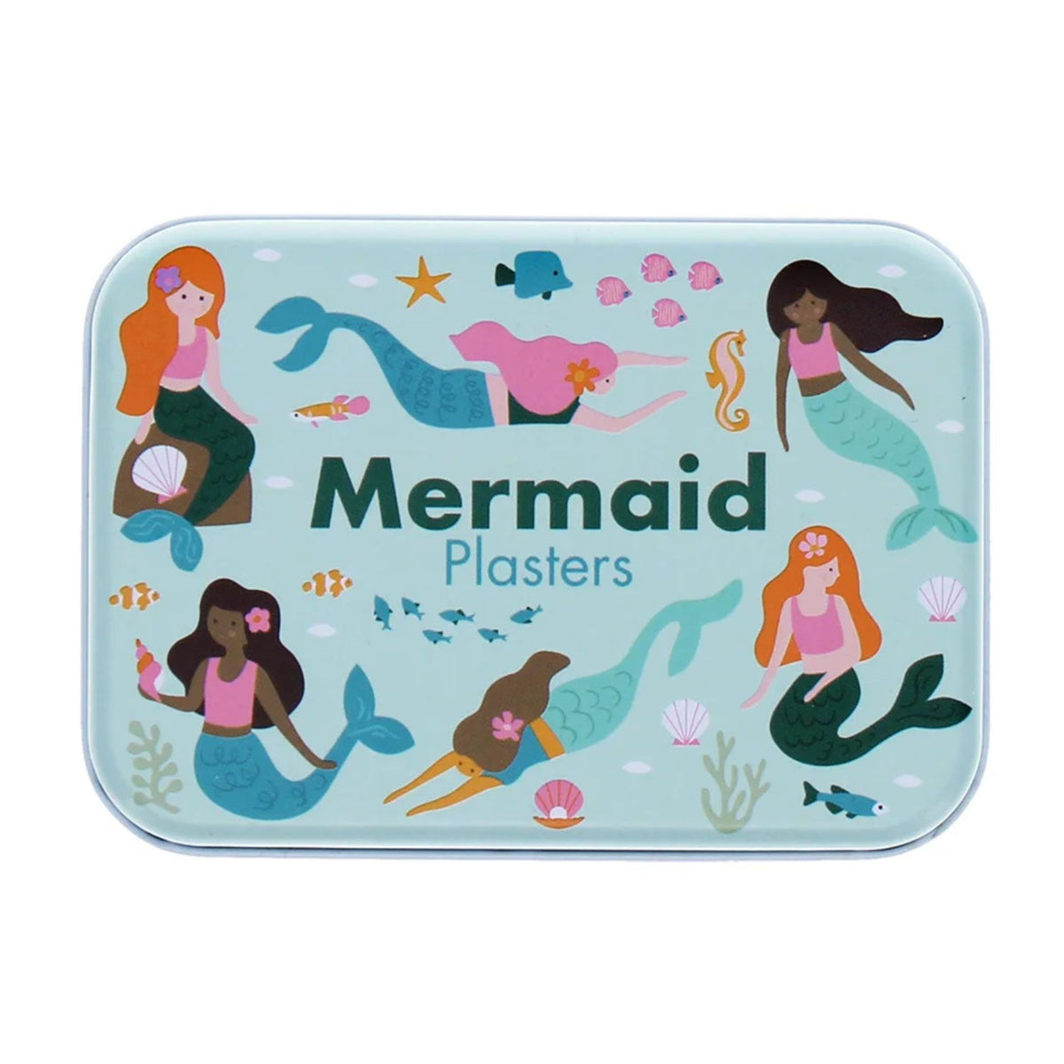 Mermaid themed plasters in a tin