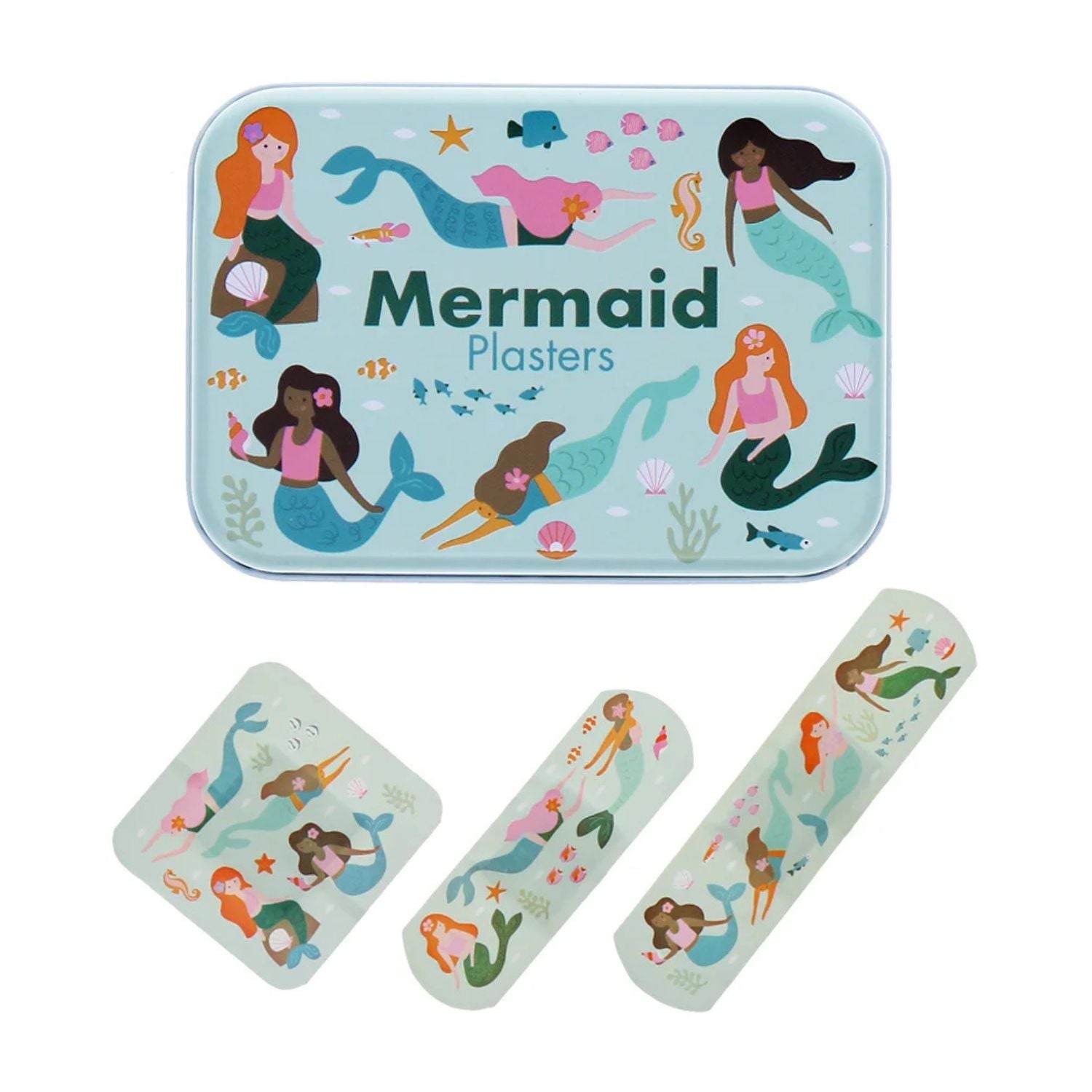 Mermaid themed plasters in a tin