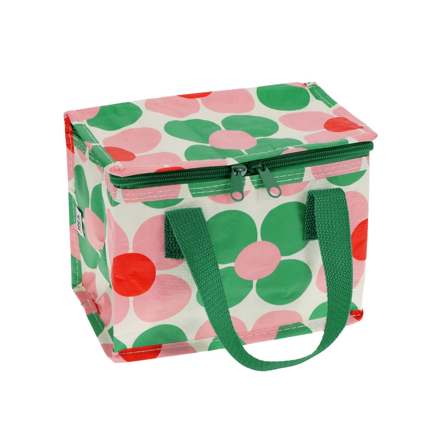 Reusable lunch bag with a vibrant floral pattern and sturdy handles. The compact design is shown folded flat to demonstrate easy storage for busy kitchens.