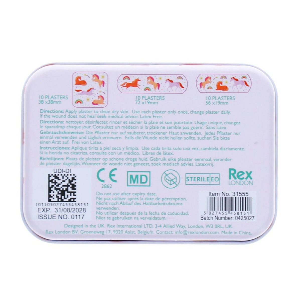 The back of the packaging for Unicorn Plasters in a Tin