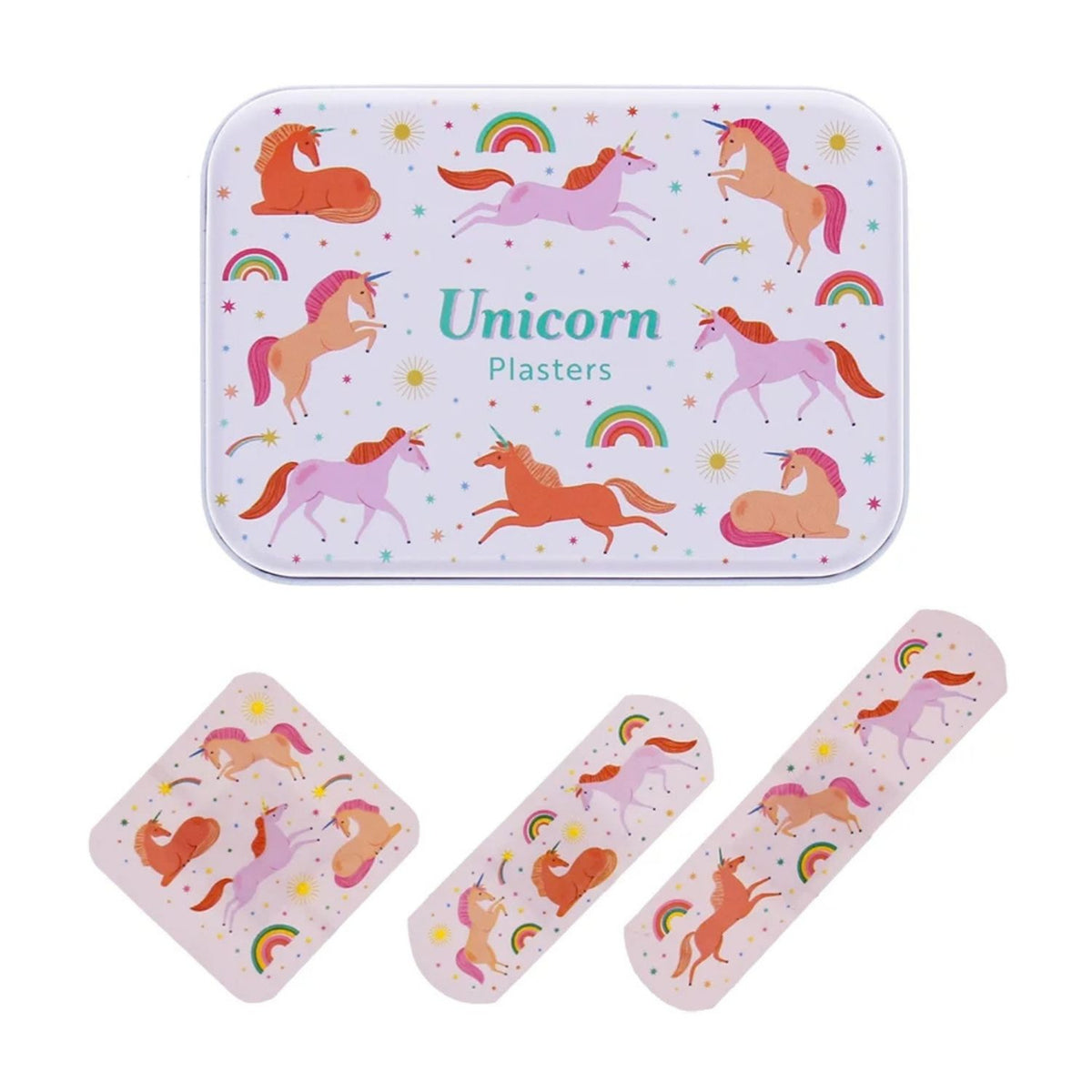 A set of unicorn-themed band-aids displayed with their decorative tin packaging. The band-aids feature illustrations of colorful unicorns, rainbows, and stars on a pale pink base, with the text 'Unicorn Plasters' printed on the tin.