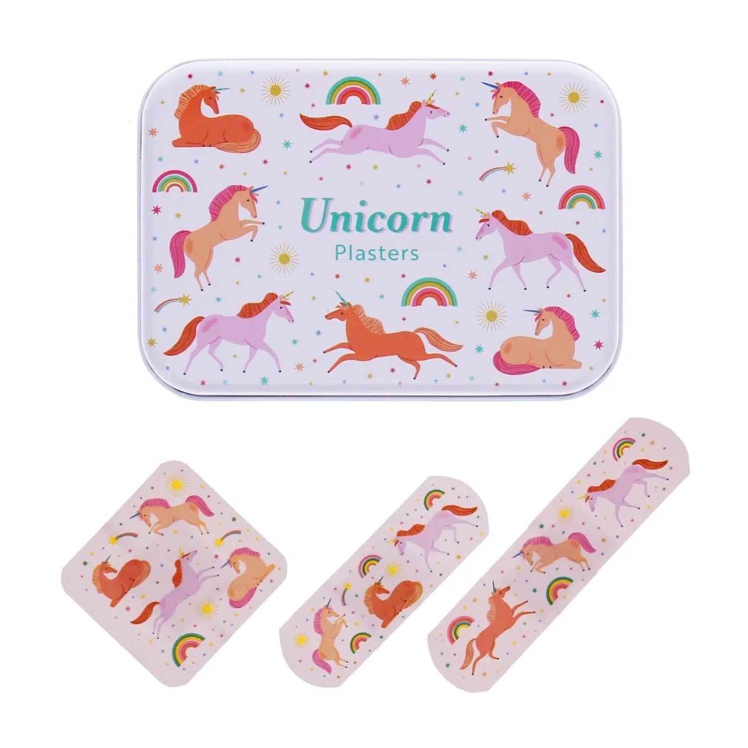 A set of unicorn-themed band-aids displayed with their decorative tin packaging. The band-aids feature illustrations of colorful unicorns, rainbows, and stars on a pale pink base, with the text 'Unicorn Plasters' printed on the tin.