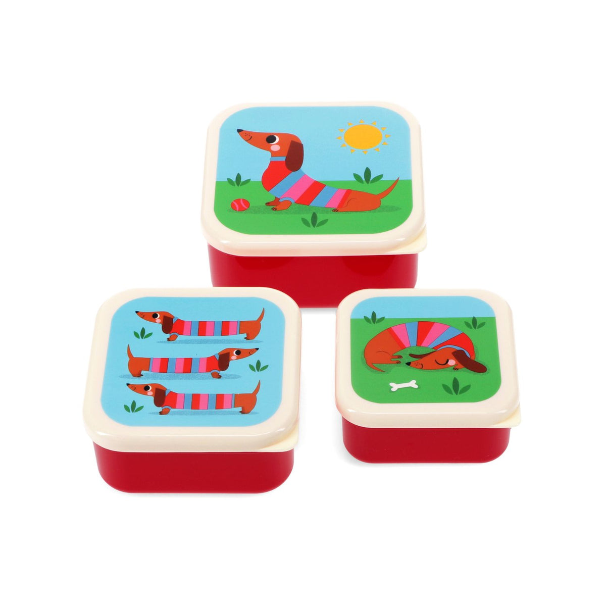 Three plastic nesting snack boxes shown stacked inside one another to demonstrate the space-saving design for easy kitchen storage.