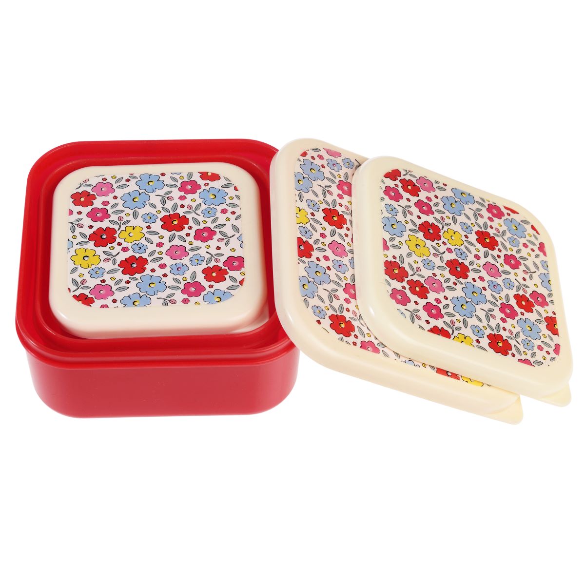Three plastic nesting snack pots shown stacked inside one another to demonstrate the space-saving design for easy kitchen storage.