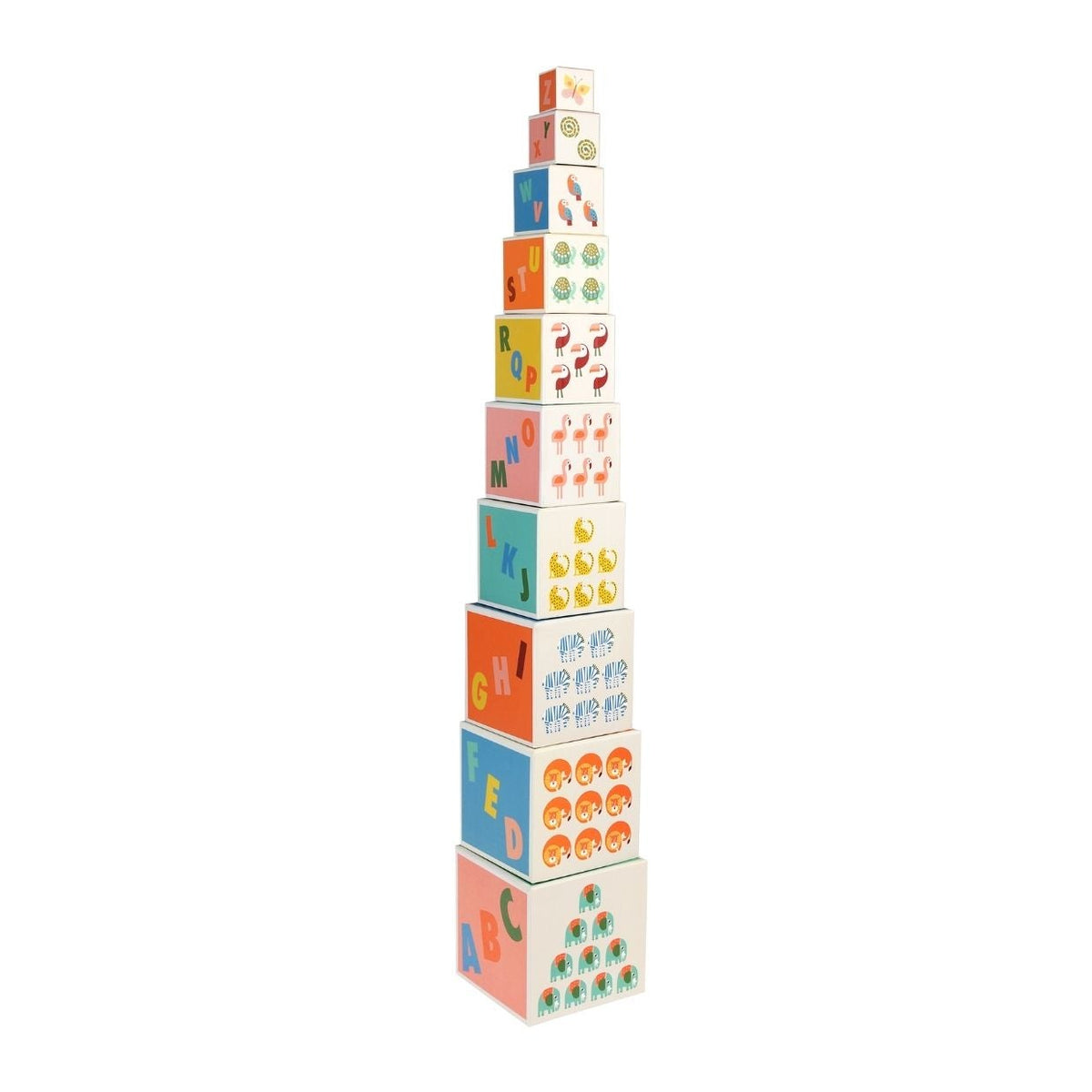 Ten kids nesting blocks made from sturdy cardboard, featuring vibrant illustrations of animals, letters, and numbers for educational playtime.