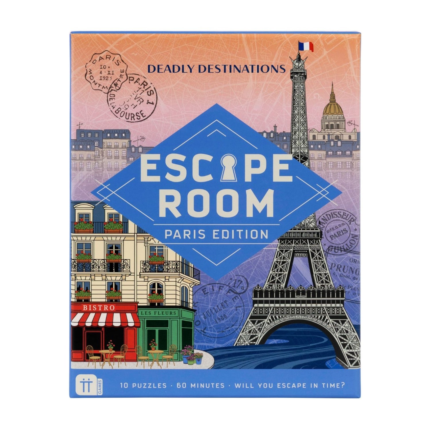 A close-up product shot of the front packaging on a white background, highlighting the vintage Parisian artwork, 90-minute duration icon, and 1–6 player specs.