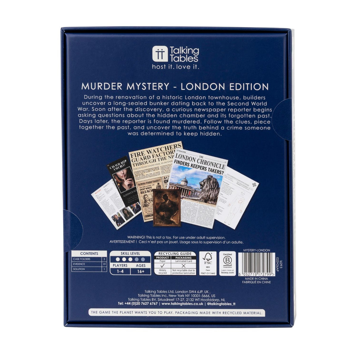 The back of the blue packaging box for Talking Tables' Murder Mystery - London Edition board game, showing product details, included newspaper cards, and age rating icons.