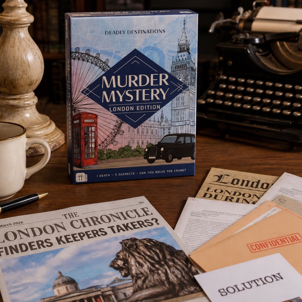 The host your own game 'Murder Mystery London Edition' stands on a wooden desk surrounded by themed props including a vintage typewriter, a newspaper, and a mug.