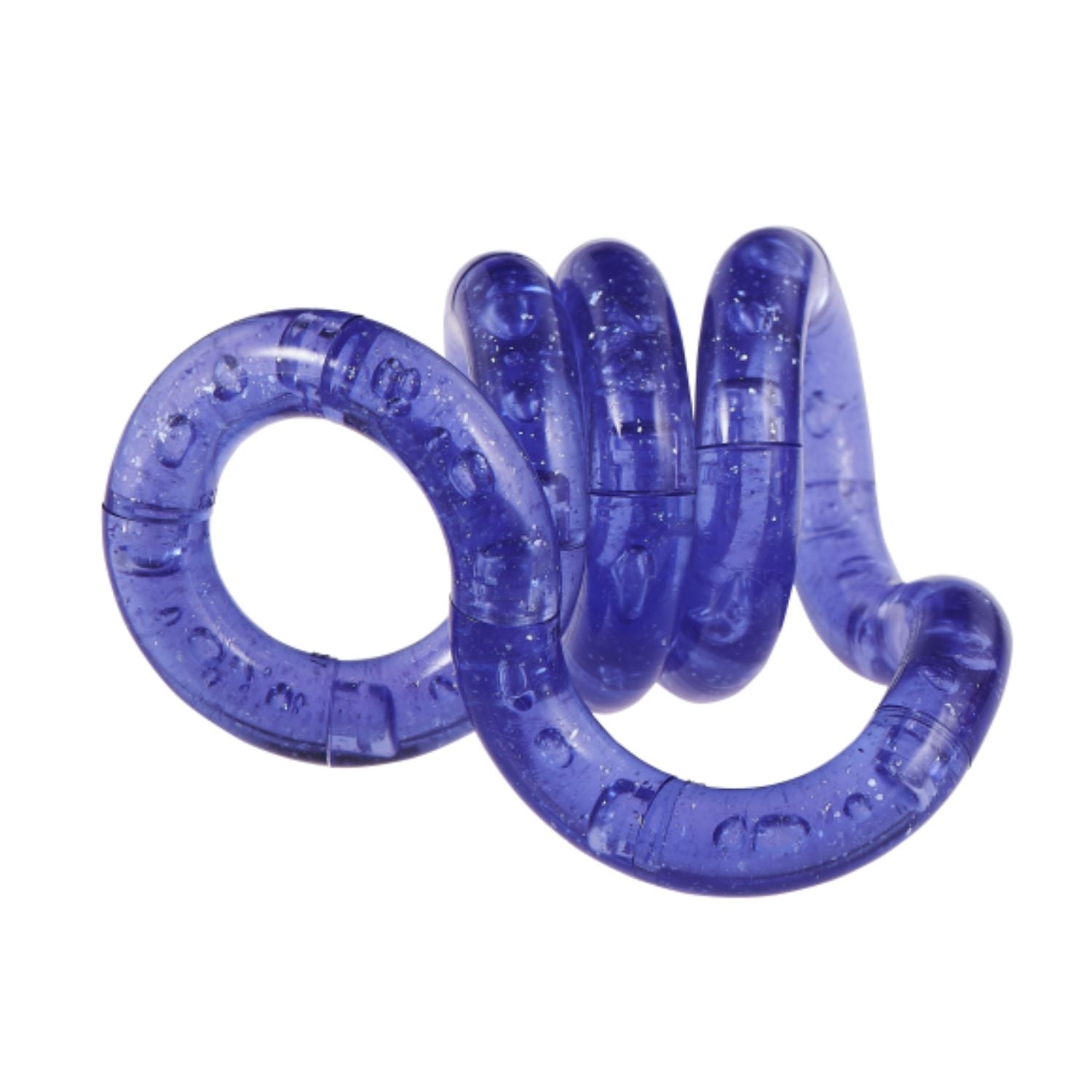 Tangle Crush coiled tightly, displaying a rich blend of deep purple plastic packed with intense silver starry glitter.