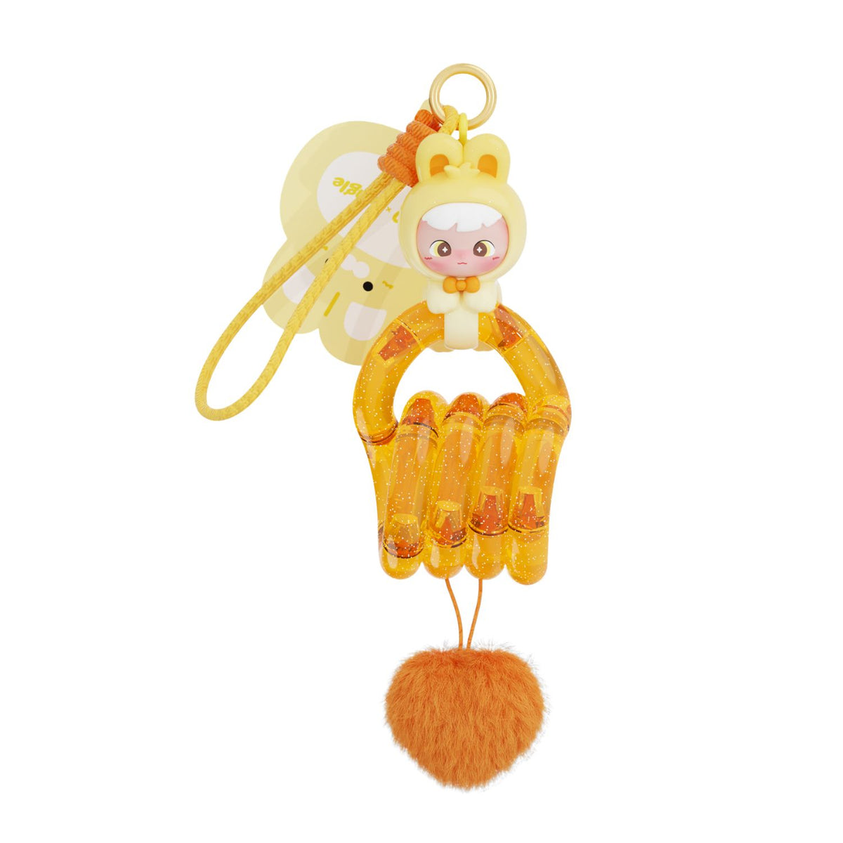 A close-up product shot on a clean white background focusing on the Orange glitter sensory Tangle, twisted into a continuous loop to highlight its smooth, uniform orange plastic segments and heart pom pom.