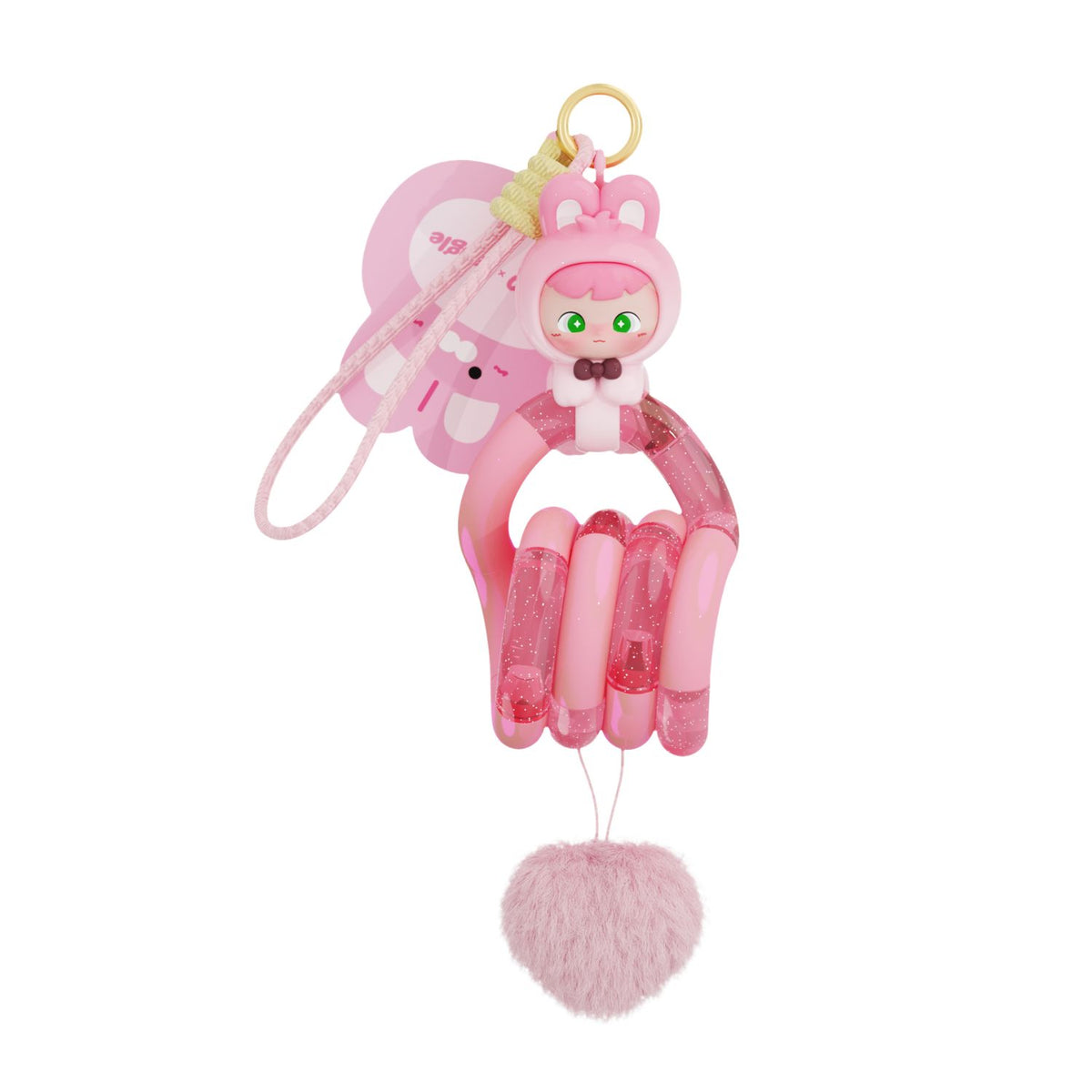 : A studio product shot on a seamless white background showcasing the Blossom Pink edition unboxed, featuring a soft pastel pink Cimmy Bunny designer art toy standing next to its color-matched pastel pink sensory Tangle.