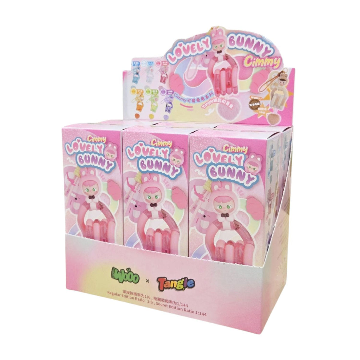 he Tangle x Cimmy Lovely Bunny Series blind box standing upright, showcasing the premium HIDDENWOOO designer art collaboration branding and pastel graphics.