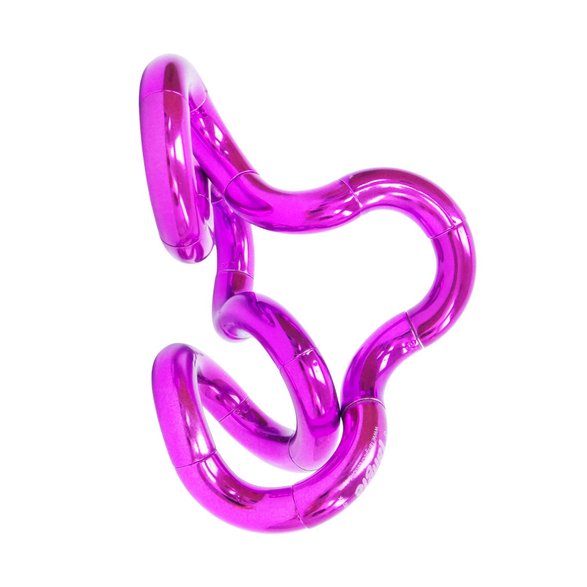 A Tangle Metallic toy in the Pink colourway showcasing its ultra-reflective, high-shine magenta pink chrome finish on a white background.