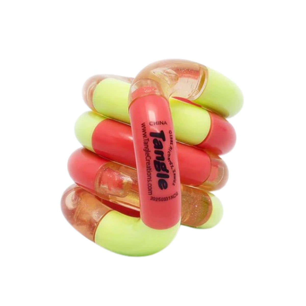 The Strawberry Tangle Classic arranged in a continuous loop, showcasing a striking, high-contrast combination of bold ruby red, lime green and gentle pastel pink glitter segments.
