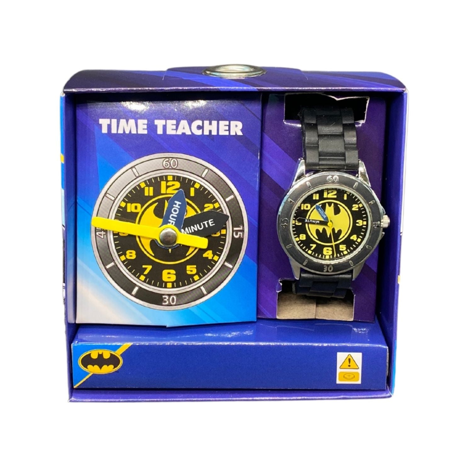 Batman kids time teacher watch with black strap and labelled hour and minute hands. This Batman time teacher watch helps kids learn to tell the time with an easy-read analogue dial and clearly labelled hour and minute hands.