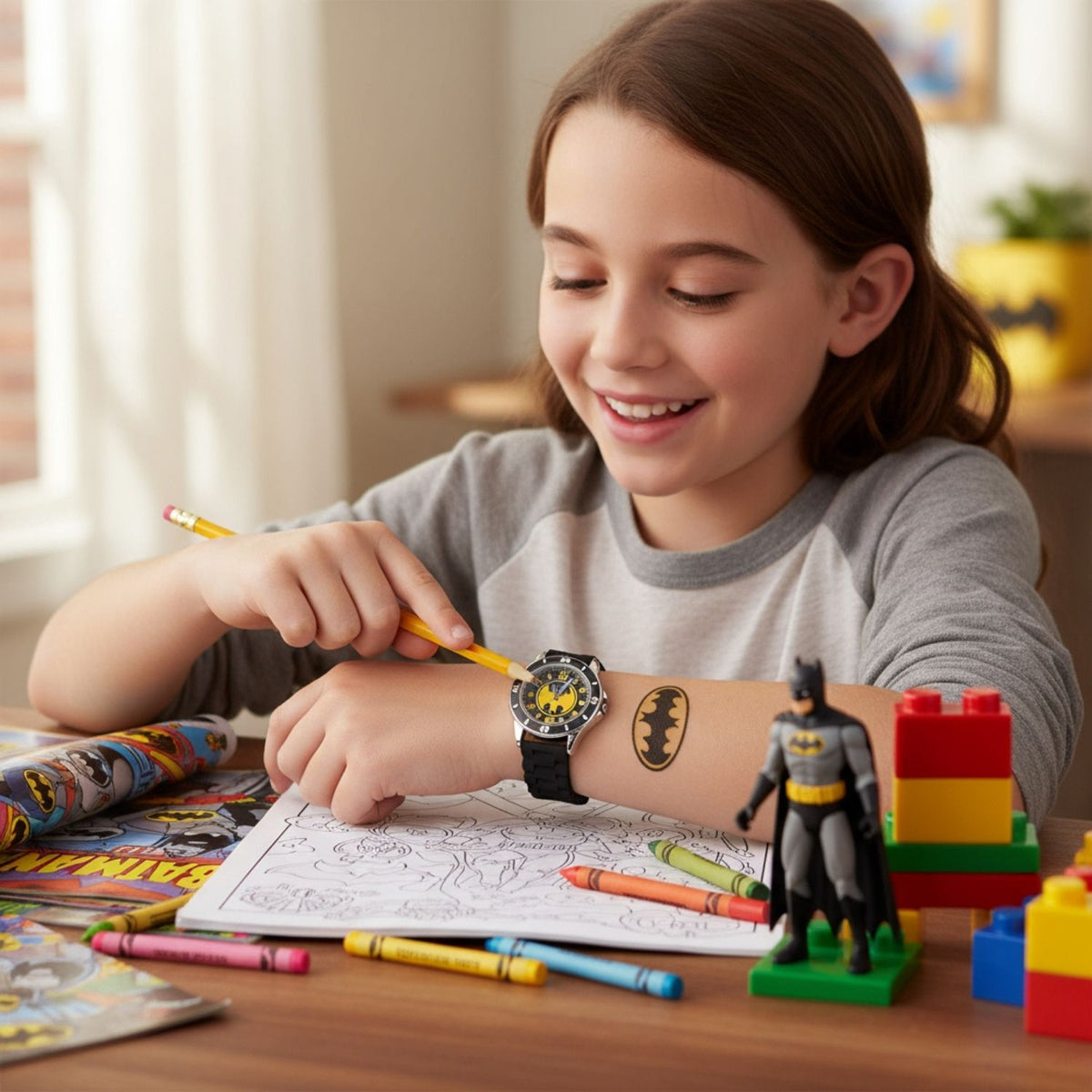 Kids wearing Batman time teacher watch designed for learning to tell the time