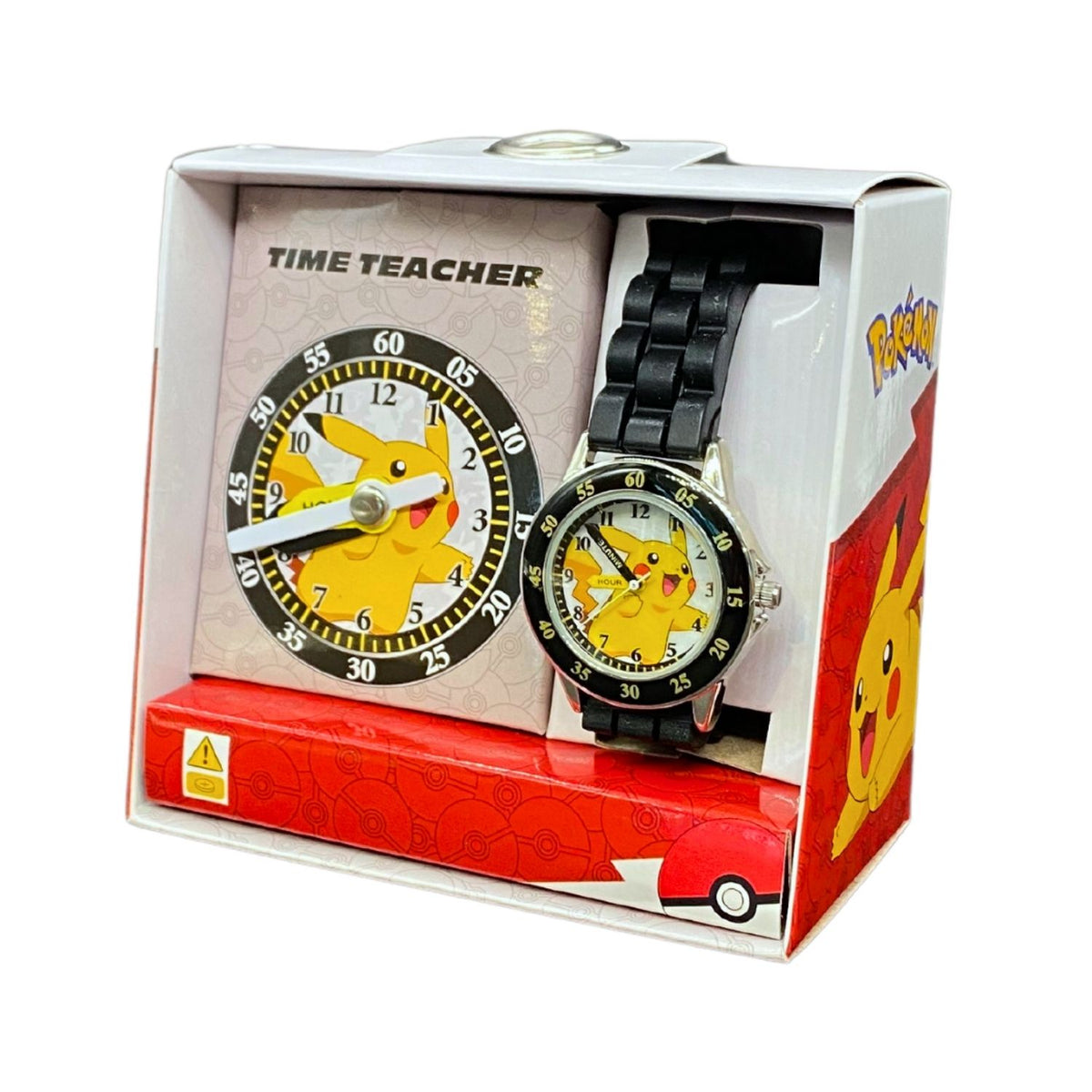 Pikachu kids time teacher watch with black strap and labelled hour and minute hands. This Pikachu time teacher watch helps kids learn to tell the time with an easy-read analogue dial and clearly labelled hour and minute hands.