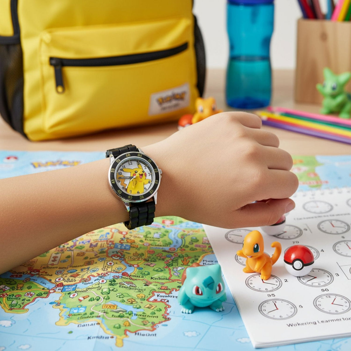Kids wearing Pikachu time teacher watch designed for learning to tell the time