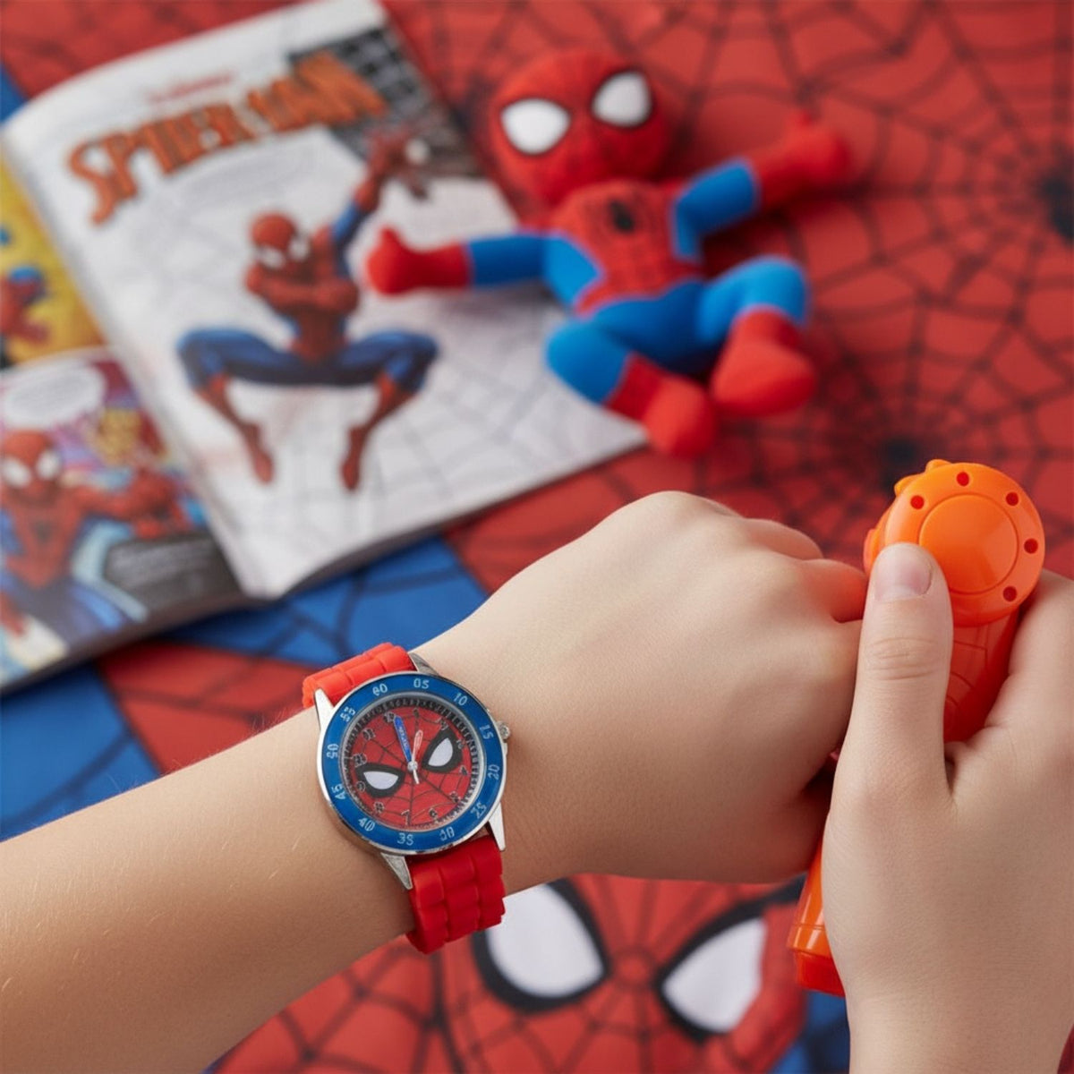 Kids wearing Spiderman time teacher watch designed for learning to tell the time