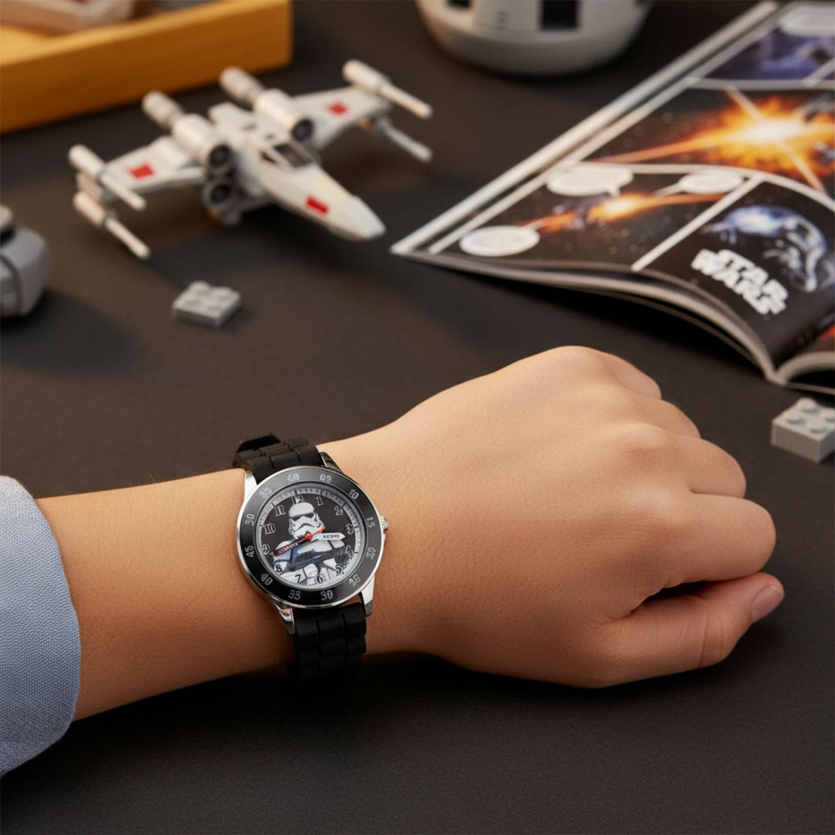 Kids wearing Star Wars Storm Trooper time teacher watch designed for learning to tell the time
