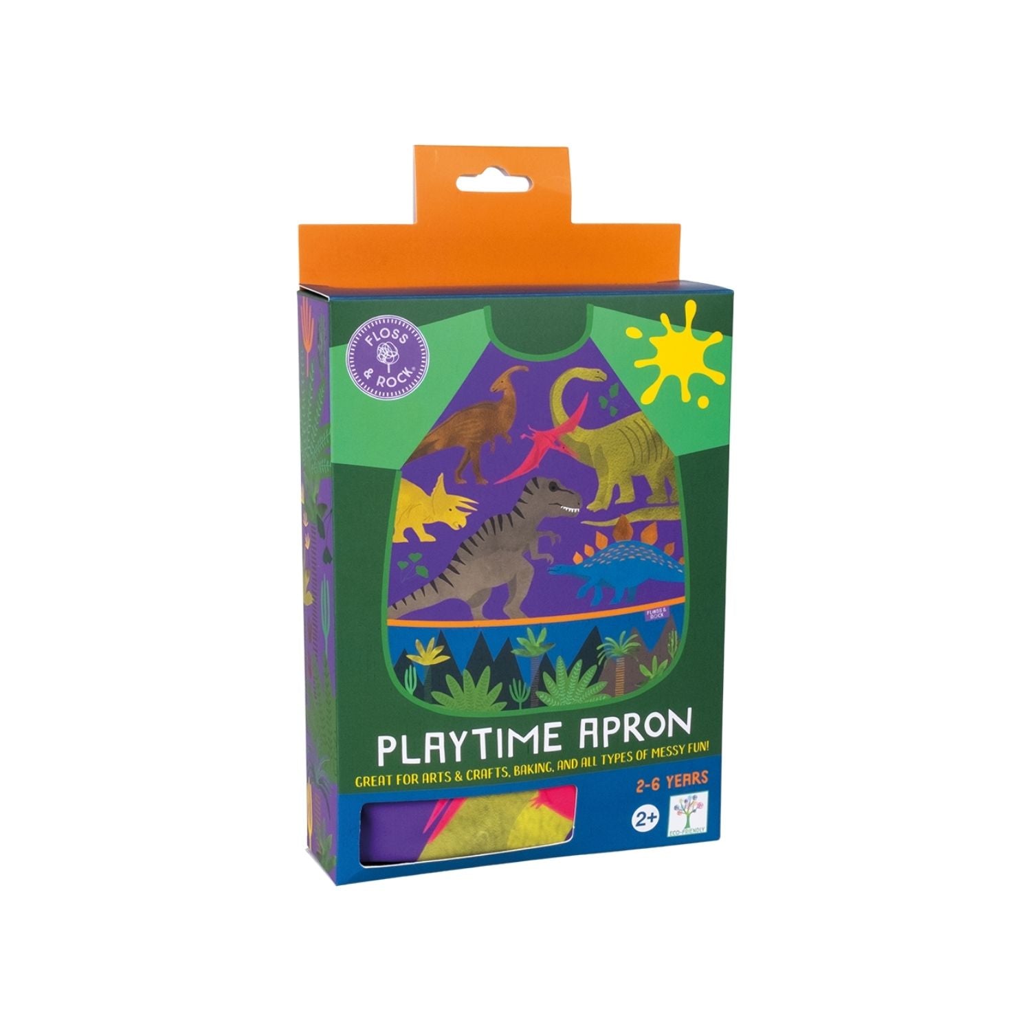 Playtime apron packaging with dinosaur illustrations on a white background