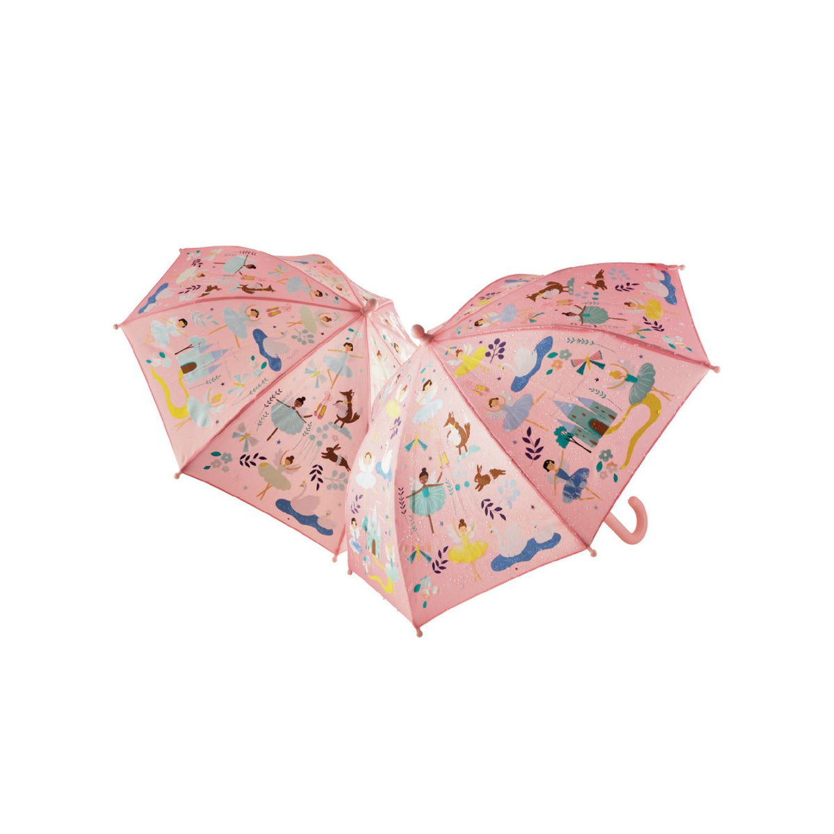 A pink umbrella with various illustrations including ballet dancers and castles, designed for children.