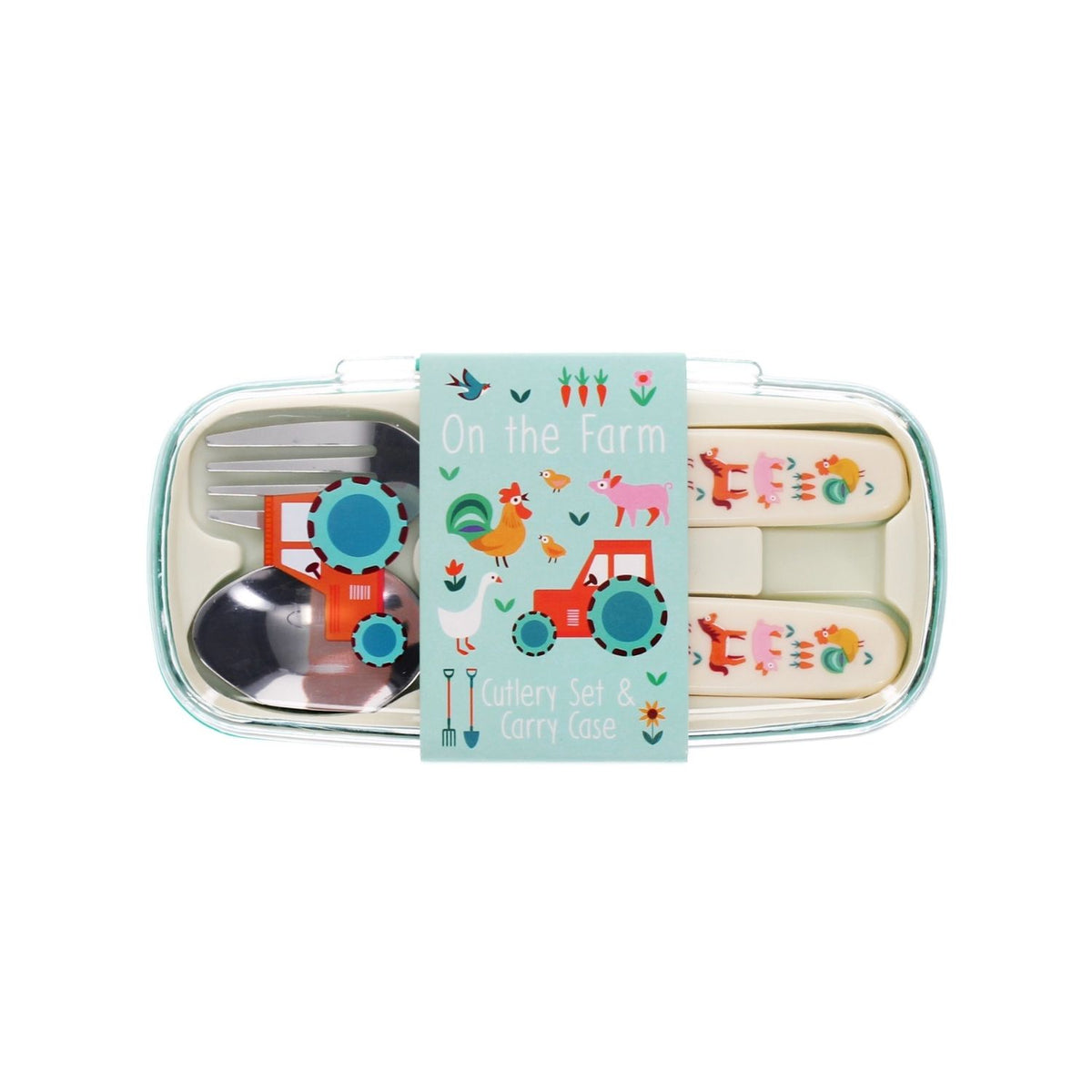Children's cutlery set with farm-themed design on a white background