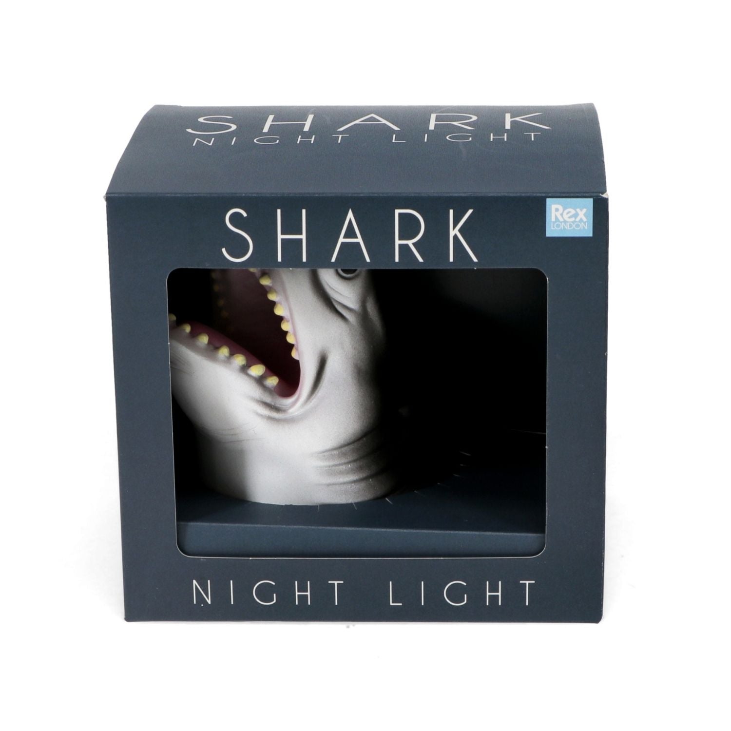 Shark night light packaging with a clear window showing the shark design.