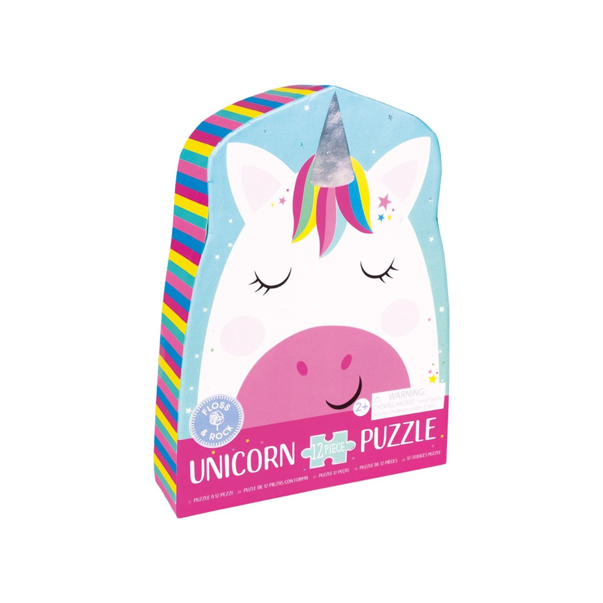 A packaged 12 piece shaped puzzle depicting a colorful unicorn, designed for children.