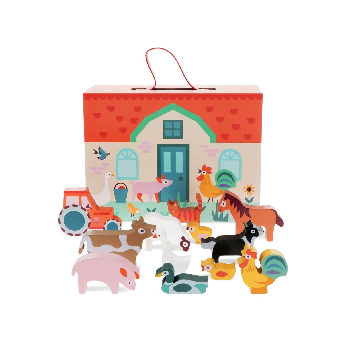 Set of farm animal toys with a colorful box featuring farm illustrations on a white background.