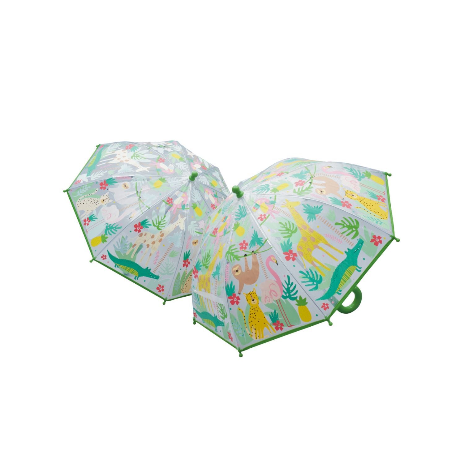 A transparent umbrella with colorful jungle animal patterns, including leopards, crocodiles, giraffes, and flamingos, designed for children.
