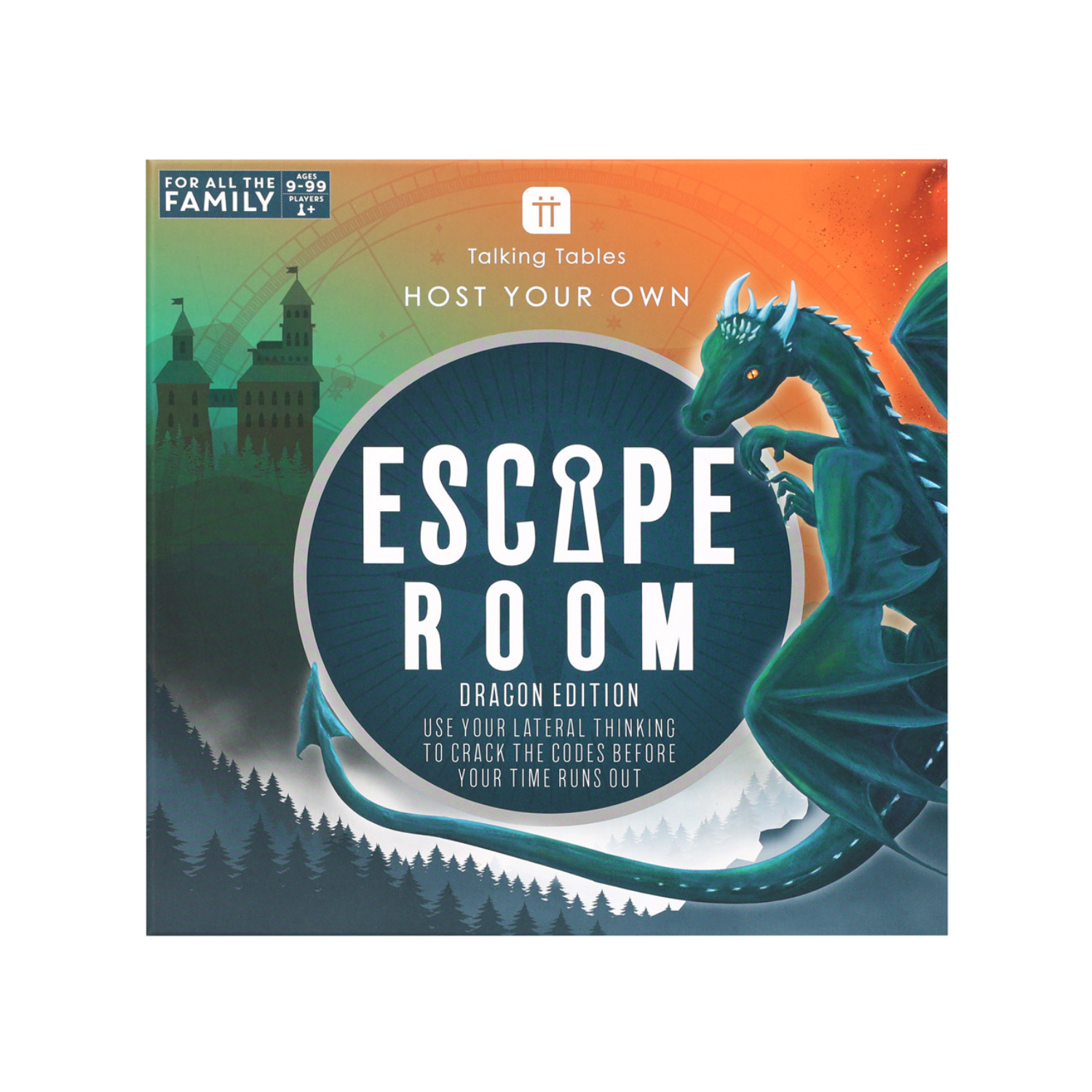 Escape Room game box with dragon illustration on a white background
