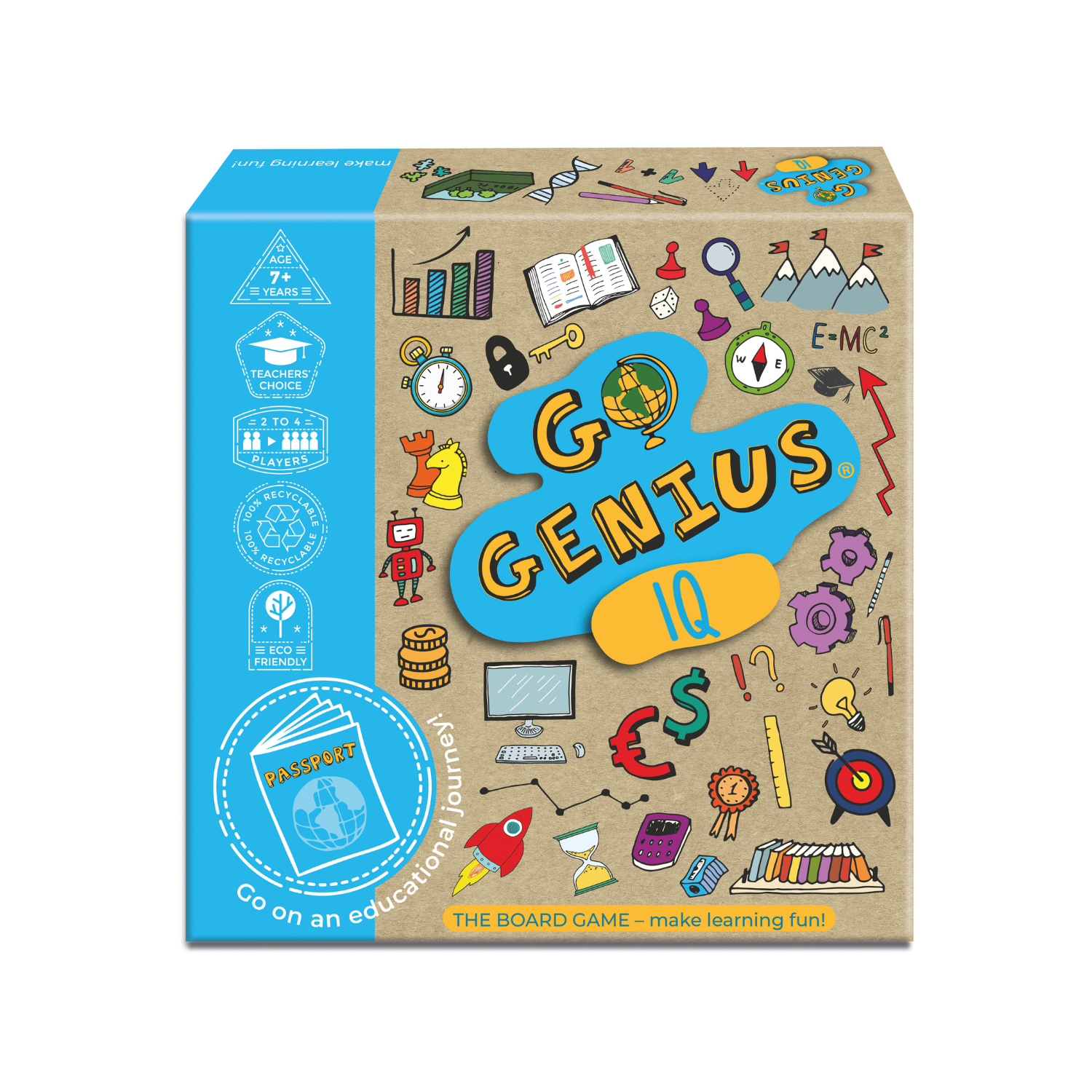 The Go Genius IQ Edition board game box showcasing its vibrant brain-training branding, logic icons, and smart design layout.