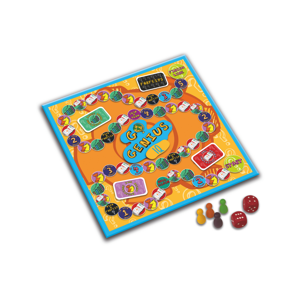 A detailed view of the Go Genius board, highlighting the colourful path and bright geometric design elements.