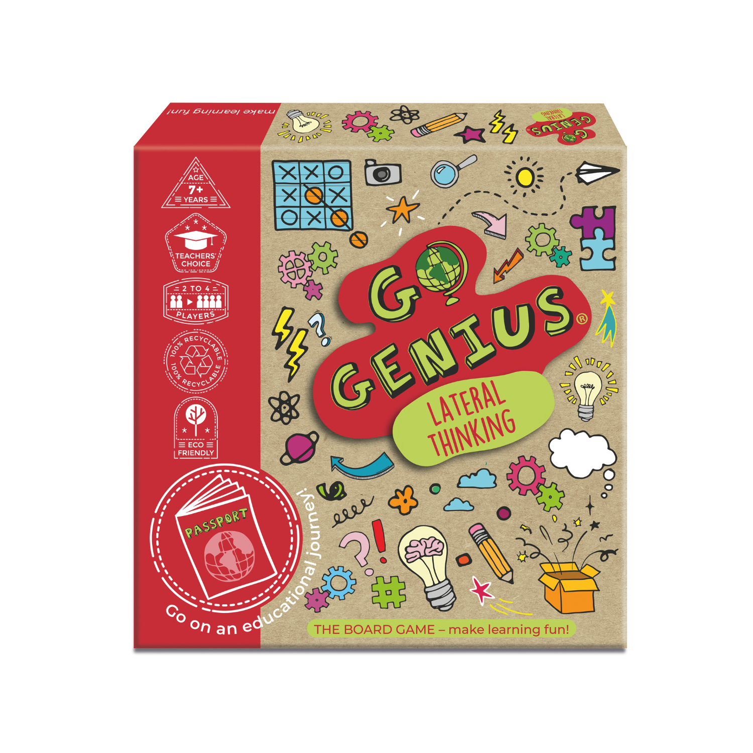 The Go Genius Lateral Thinking board game box showcasing its vibrant, educational branding and brain-teasing graphics.