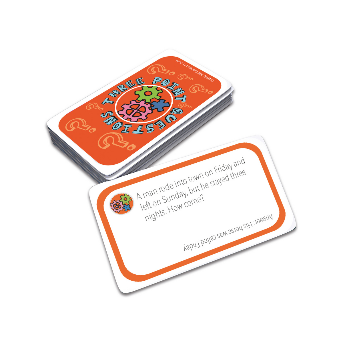 An example of a lateral thinking question card showing clear, readable riddles and mind-bending prompts.