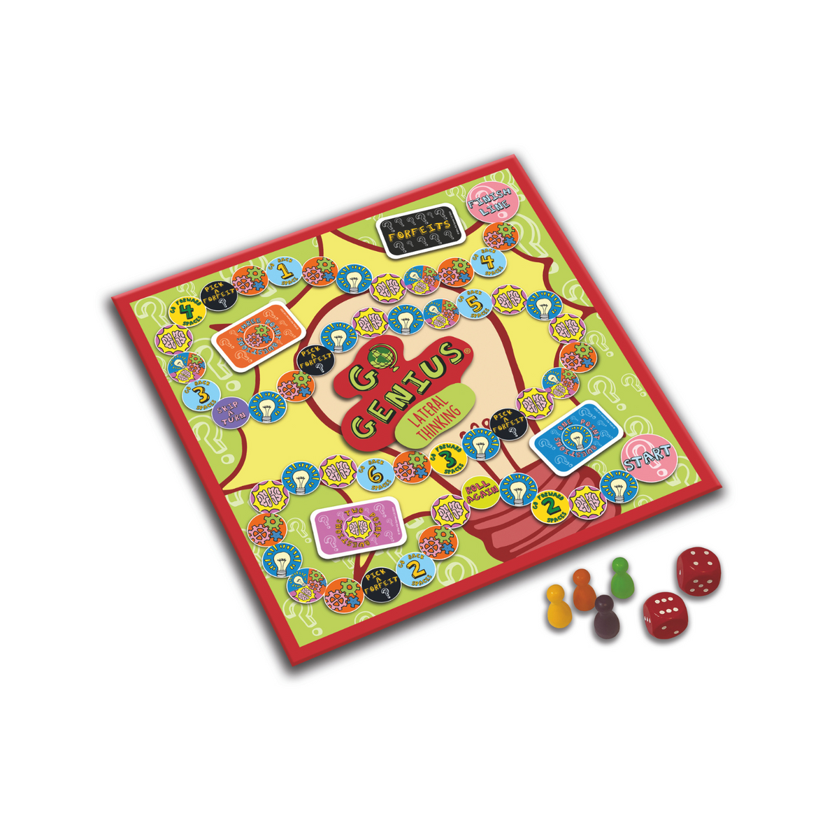 The contents of the educational game neatly arranged, displaying the colourful illustrated game board, puzzle card decks, player tokens, and dice.