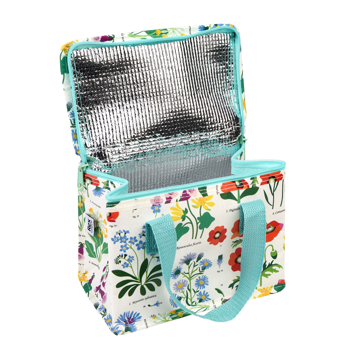 Interior view of a reusable lunch bag showing the shiny silver foil lining designed to insulate food and a spacious compartment for containers.